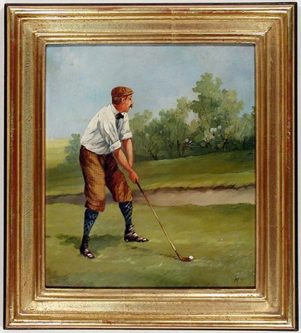 "Edwardian Golfer Portrait I" (circa 1990) Oil on copper, 9 ½ x 8 ⅜ inches, 22k gold leaf frame with brown crackle sides: 12 x 10 ⅞ inches. This work bears the alternate signature of the artist: "M.V.", which reflects the use of his middle initial.