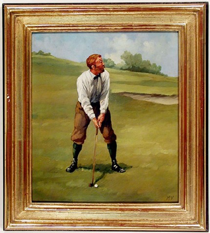 "Edwardian Golfer Portrait II" (circa 1990) Oil on copper, 9 ½ x 8 ⅜ inches, 22k gold leaf frame with brown crackle sides: 12 x 10 ⅞ inches. This work bears the alternate signature of the artist: "M.V.", which reflects the use of his middle initial.