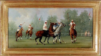 “Polo Scene II” Edwardian Polo Scenes (c. 1984) Oil on copper, 8 x 15.75 inches, 22k gold leaf frame with brown crackle sides: 10.5 x 18 inches, Signed