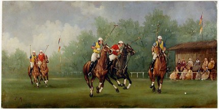 “Polo Scene VI” Edwardian Polo Scenes (c. 1984) Oil on copper, 8 x 15.75 inches, 22k gold leaf frame with brown crackle sides: 10.5 x 18 inches, Signed