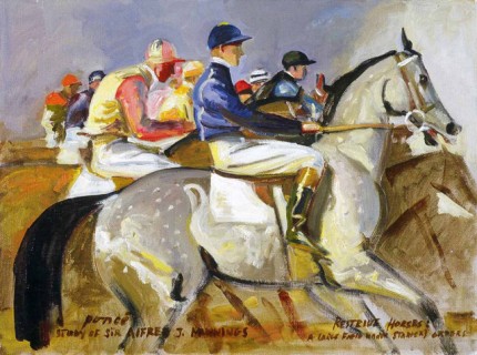 "Restrive Horses: A Large Field Under Starter's Orders" Study of Sir Alfred J. Munnings, Oil on linen mounted on panel, 12 x 16 inches, Signed & Inscribed