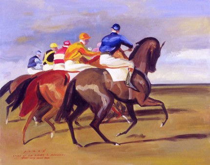 "Start of a Horse Race" Study of Sir Alfred J. Munnings, Oil on linen, 16 x 20 inches, Signed & Inscribed