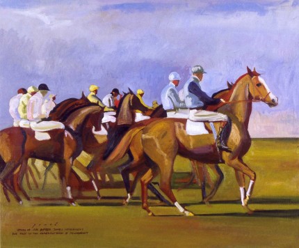 "The Start of The Cambridgeshire at Newmarket" Study of Sir Alfred J. Munnings, Oil on canvas, 20 x 24 inches, Signed and inscribed
