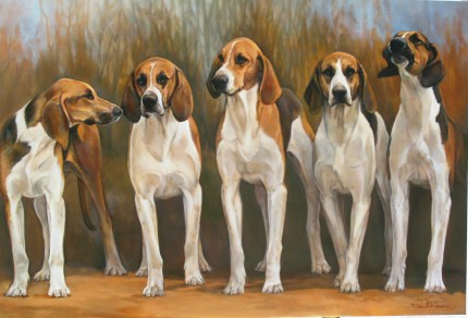 "French Hounds" Oil on panel, 24 x 36 inches, Signed