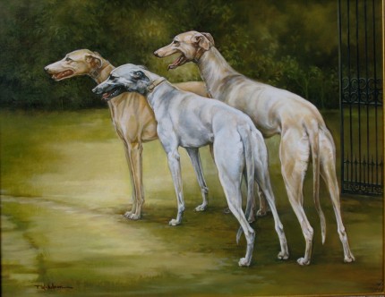 "Greyhounds" Oil on panel, 22 x 28 inches, Signed