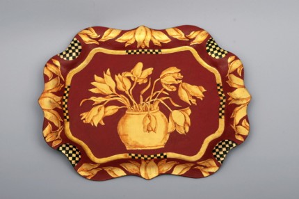 Tulips In Vase, Executed in gold leaf on red background, 15 x 19 inches