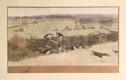 “Hounds Hunting” Chromolithograph, 15 x 25.5 inches, 24 x 34.5 inches, Signed with remarque