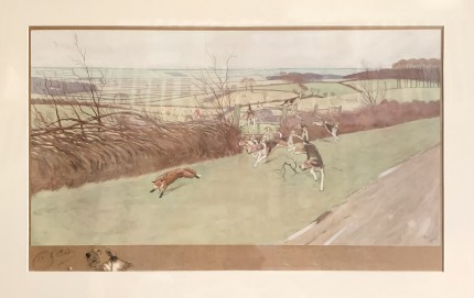 “Hounds & Fox” Chromolithograph, 15 x 25.5 inches, 24 x 34.5 inches, Signed with remarque