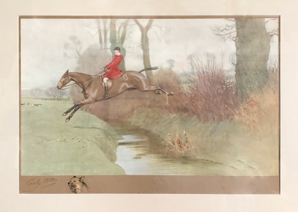 “Huntsman Jumping” Chromolithograph, 16 x 23.5 inches, 25 x 33 inches, Signed with remarque