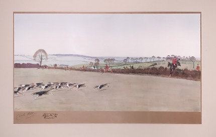“The Pytchley Full Cry” Chromolithograph, 15 x 25.5 inches, 24 x 34.5 inches, Signed