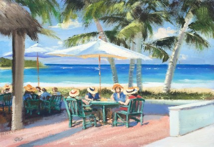 “Ladies Luncheon by the Sea” Oil on panel, 12 x 16 inches, Signed lower left
