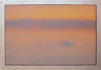 “Rowing in the Mist” 2004, Lithograph, Edition of 25, 14.5 x 20.5 inches, Hand Gilded Metal Leaf Border