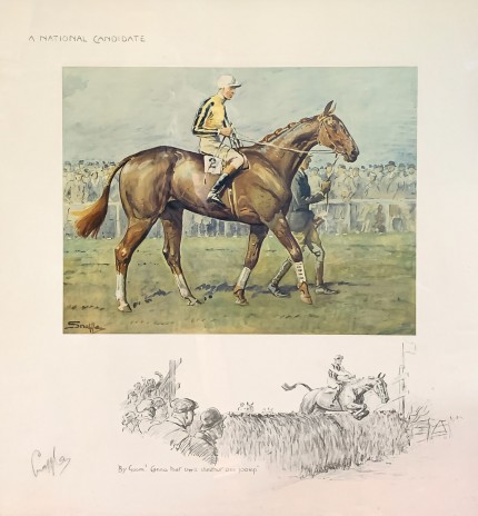 “The National Candidate” Chromolithograph, 18 x 17 inches, 18.75 x 17.75 inches, Singed in pencil, Blind Embossed Snaffles Bit Stamp