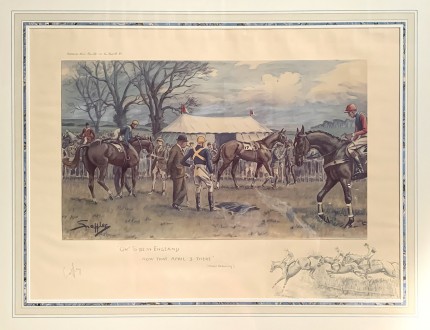 “Oh! To Be In England Now That April's There” Chromolithograph, 19 x 24 inches, 26 x 31.5 inches, Signed in pencil, Blind Embossed Snaffles Bit Stamp | Published by Messrs. Fores Ltd, 123 New Bond Street, London