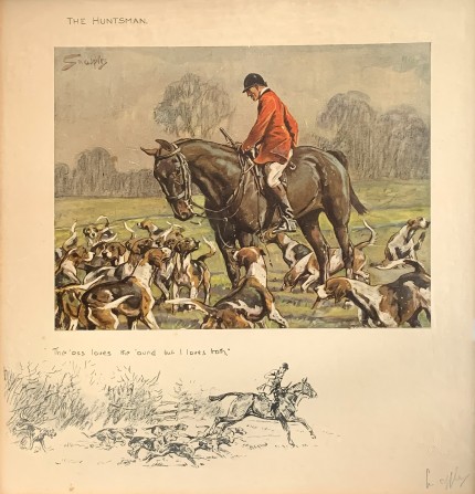 “The Huntsman” Chromolithograph, 15.5 x 14 inches, 19 x 17.5 inches, Signed in pencil, Blind Embossed Snaffles Bit Stamp