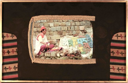 Grafitti Monk, 1999-2009, Dura trans photo print on an LED light Panel within a shanghai tang jacket with an antique Chinese jacket section sown around the photograph on a 19th century hand Tibetan printed blanket, 44x30 in.