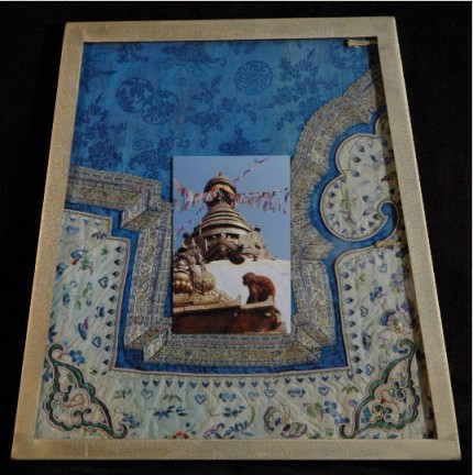 Swayambu Stupa, 1999-2008, Silk Route Series, Antique Chinese silk jacket, c-print and bronze frame, 16x17 in.