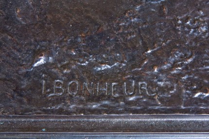“Le Grand Jockey” Bronze with dark brown patina, 37.25 x 43 x 13 inches, Signed on base, Signed with the editeur’s name and address on base: ‘BOUDET 43 RUE DES CAPUCINES’