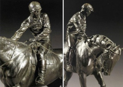 “Le Grand Jockey” Bronze with dark brown patina, 37.25 x 43 x 13 inches, Signed on base, Signed with the editeur’s name and address on base: ‘BOUDET 43 RUE DES CAPUCINES’