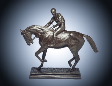 “Le Grand Jockey” Bronze with dark brown patina, 37.25 x 43 x 13 inches, Signed on base, Signed with the editeur’s name and address on base: ‘BOUDET 43 RUE DES CAPUCINES’