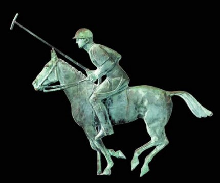 “Molded Copper Polo Player Weathervane” American 20th Century, 36 x 47 x 2 inches. Molded in the form of a polo pony with rider in helmet, full playing gear, and mallet raised, the pony with articulated musculature and facial details, full tack and galloping. - Custom Orders Available