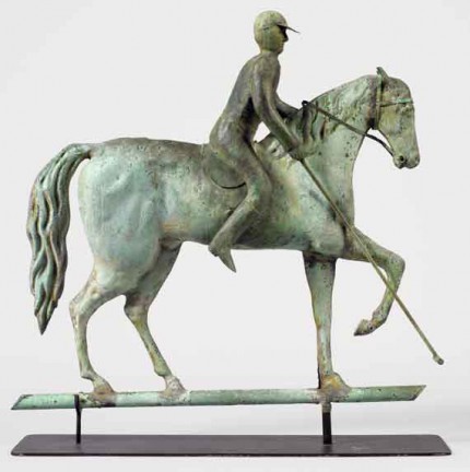 “Polo Weathervane” c. 1880, Copper full-bodied horse and rider with castings, Original verdigris surface, Custom Orders Available