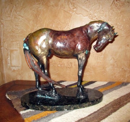 “Equine Class” Red copper, Raku fired clay, Wood and Turquoise on Stone base, 13 x 14 inches