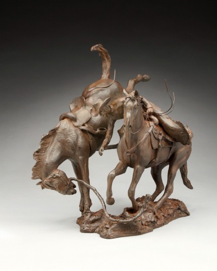 “Going for the Hack Rein” Bronze, Edition of 7, 17 x 21 inches, Best of Show at Red River Valley Museum 2015