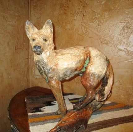 “Outlaw” (Coyote) Raku, Juniper and Turquoise 17 x 17 inches