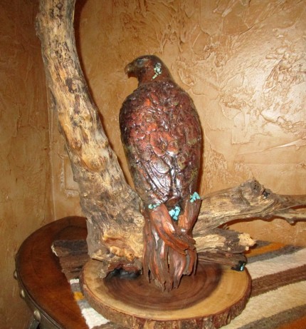 “Redtail” Raku, Mesquite, Turquoise and Cedar, 24 x 20 inches