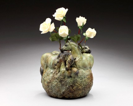“Spring Foal Crop” Herd of mares and foals, Six in total, Bronze, 14 x 13 inches, Signed - The Bronze is a ring that can be placed over a flower bowl or vase as a center piece or shown by itself in the round.