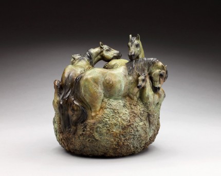 “Spring Foal Crop” Herd of mares and foals, Six in total, Bronze, 14 x 13 inches, Signed - The Bronze is a ring that can be placed over a flower bowl or vase as a center piece or shown by itself in the round.