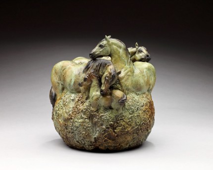 “Spring Foal Crop” Herd of mares and foals, Six in total, Bronze, 14 x 13 inches, Signed - The Bronze is a ring that can be placed over a flower bowl or vase as a center piece or shown by itself in the round.