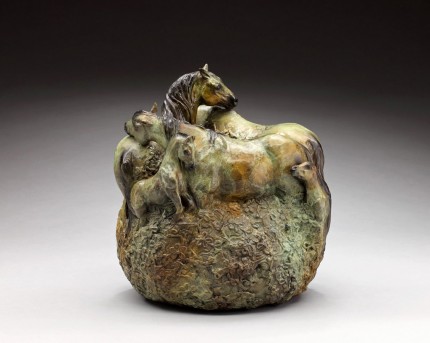 “Spring Foal Crop” Herd of mares and foals, Six in total, Bronze, 14 x 13 inches, Signed - The Bronze is a ring that can be placed over a flower bowl or vase as a center piece or shown by itself in the round.