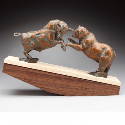 “Market Forces” Bronze, Edition of 17, 18 x 26 inches - The bull and bear clash in the classic dual to be on top. The travertine base tips in the favor of the bull or bear.