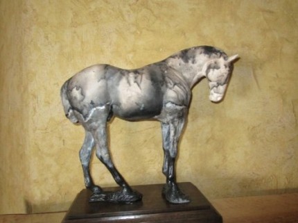 “After the Match” Polo pony at rest, Horse hair fired clay, Hand built, Mixed media