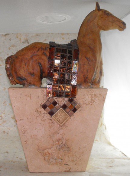 “Coolin’ Down” Polo pony with glass mosaic blanket, Sculpted from stoneware