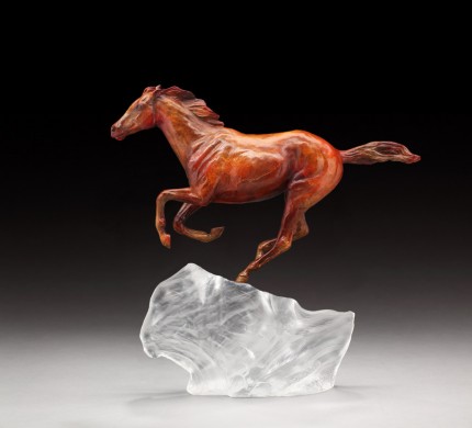 “Fire and Ice” Thoroughbred filly running on an iceberg like fire melting the ice in her wake.