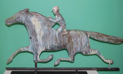 “Horse & Rider Weathervane” 1910-1930's, Fantastic verdi gris patina, 29 x 17 inches, Museum mounted, Great detail