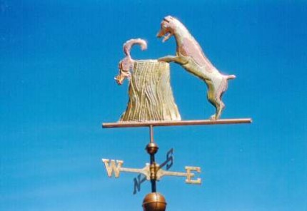 "Jack Russell Dog with a squirrel Weathervane" This copper Jack Russell Terrier Dog weathervane features glass eyes, gold leafed patterns and distinctive tooling which gives the fur a realistic texture on the body.   Customers can provide photographs of their special canine pets for a customized  weather vane depicting  their favorite dog.  Glass eye color can be selected to accommodate a  variety of dog eye colors.  Personalized dog weathervanes can feature gold-leafing to bring out your pet's distinctive markings, as well as dog collars bearing your dog's name.  