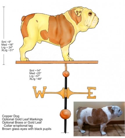 English Bulldog Weathervane, Small: 9 x 14 inches, Medium: 16 x 25 inches, Large: 24 x 37 inches, X-Large: 31 x 48 inches | Optional Gold Leaf Markings, Optional Brass or Gold Leaf Color, with optional tag.