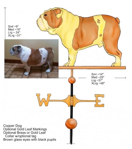 English Bulldog Weathervane, Small: 9 x 14 inches, Medium: 16 x 25 inches, Large: 24 x 37 inches, X-Large: 31 x 48 inches | Optional Gold Leaf Markings, Optional Brass or Gold Leaf Color, with optional tag.