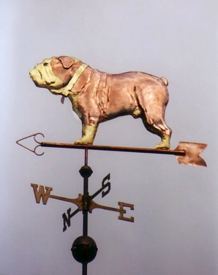 English Bulldog Weathervane, Small: 9 x 14 inches, Medium: 16 x 25 inches, Large: 24 x 37 inches, X-Large: 31 x 48 inches | Optional Gold Leaf Markings, Optional Brass or Gold Leaf Color, with optional tag.