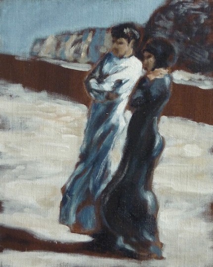 “Couple on an Overlook” Oman - Studies in Light, Oil on archival board, 10 x 8 inches, Signed