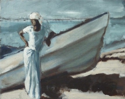 “Man on the Beach with a Boat” Oman - Studies in Light, Oil on archival board, 8 x 10 inches, Signed