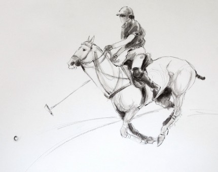 “Polo Study - Charcoal Sketch I” Mashomack Polo Club - Polo Pony and Player Pitched Forward, Charcoal & Wash on paper, 11 x 14 inches, Signed
