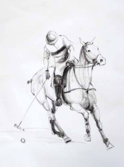 “Polo Study - Charcoal Sketch II” Mashomack Polo Club - Polo Player Tapping the Ball, Charcoal & Wash on paper, 14 x 11 inches, Signed