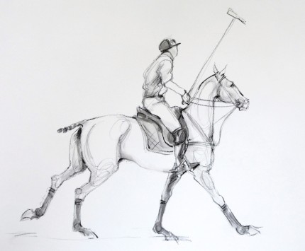 “Polo Study - Charcoal Sketch IV” Mashomack Polo Club - Polo Pony with Hooves Hugging the Ground, Charcoal & Wash on paper, 11 x 14 inches, Signed