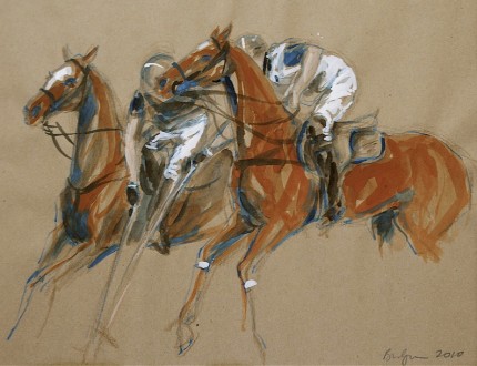 “Polo Study - Gouache Sketch I” Haviland Hollow Polo Club - Two Polo Ponies, Gouache & Prisma pencil on brown paper, 11 x 14 inches, Signed & Dated: 2010