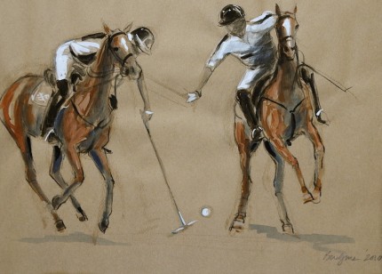 “Polo Study - Gouache Sketch IV” Haviland Hollow Polo Club - Two Polo Ponies, Gouache & Prisma pencil on brown paper, 11 x 14 inches, Signed & Dated: 2010